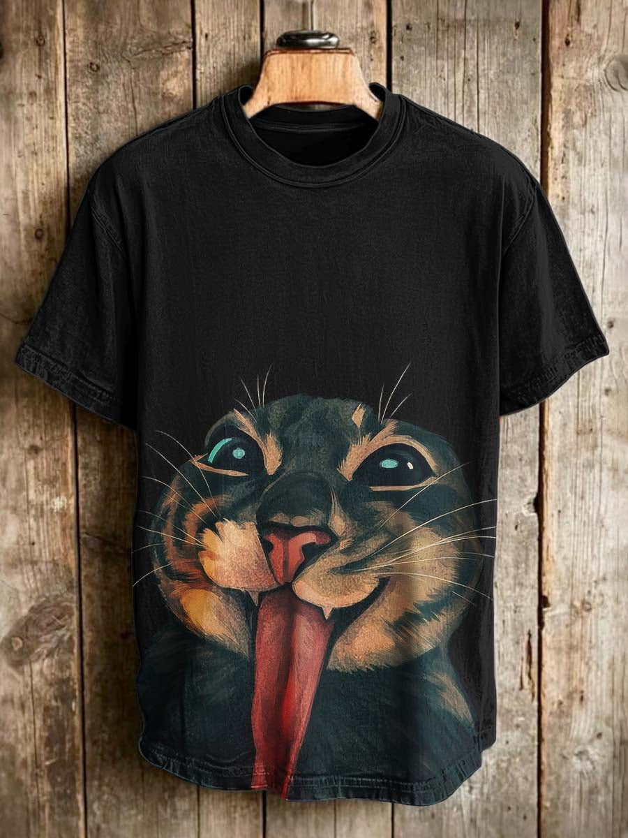 Funny Cat Print Casual Short-Sleeve T-Shirt with Tongue Out