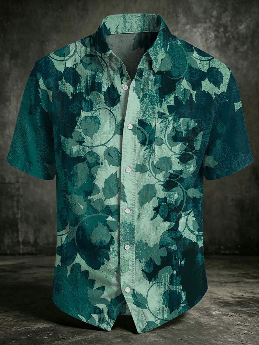 Dark Green Floral Print Casual Short-Sleeved Shirt
