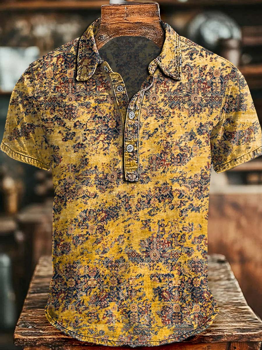 Retro-Patterned Printed Casual Short-Sleeved Polo Shirt