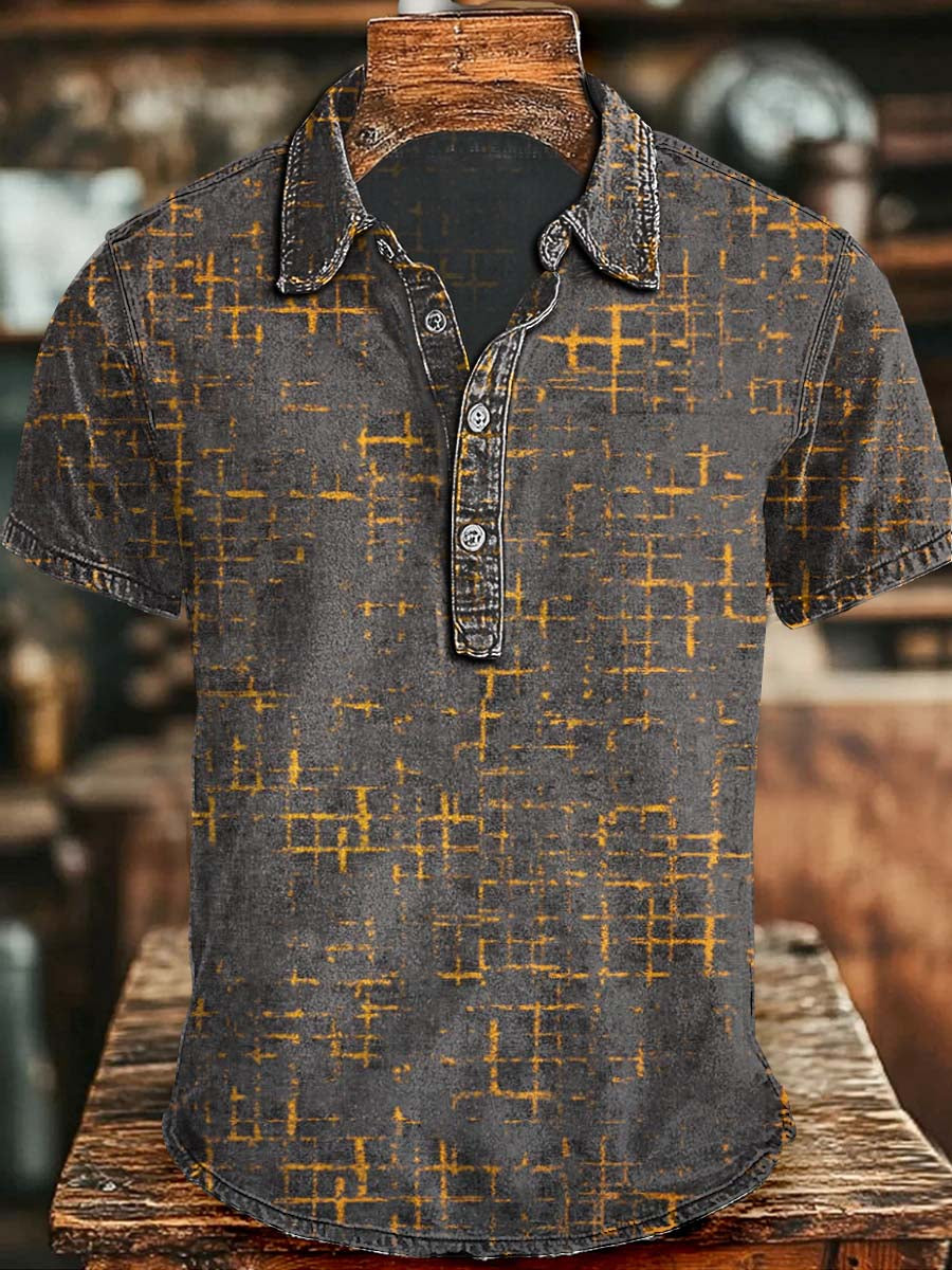 Gray And Yellow Cross-Print Casual Short-Sleeved Polo Shirt