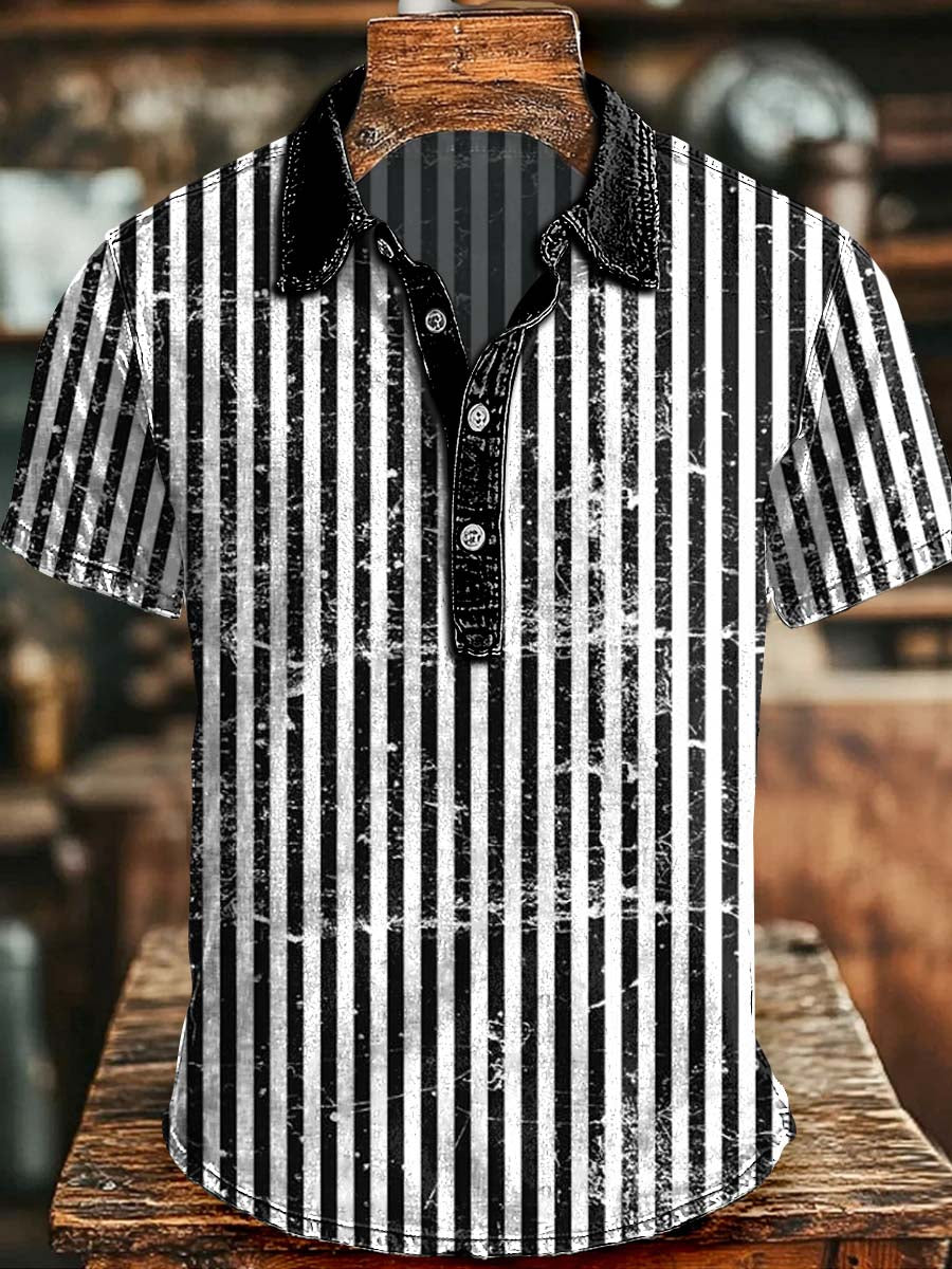 Retro Striped Print Casual Short-Sleeved Polo Shirt