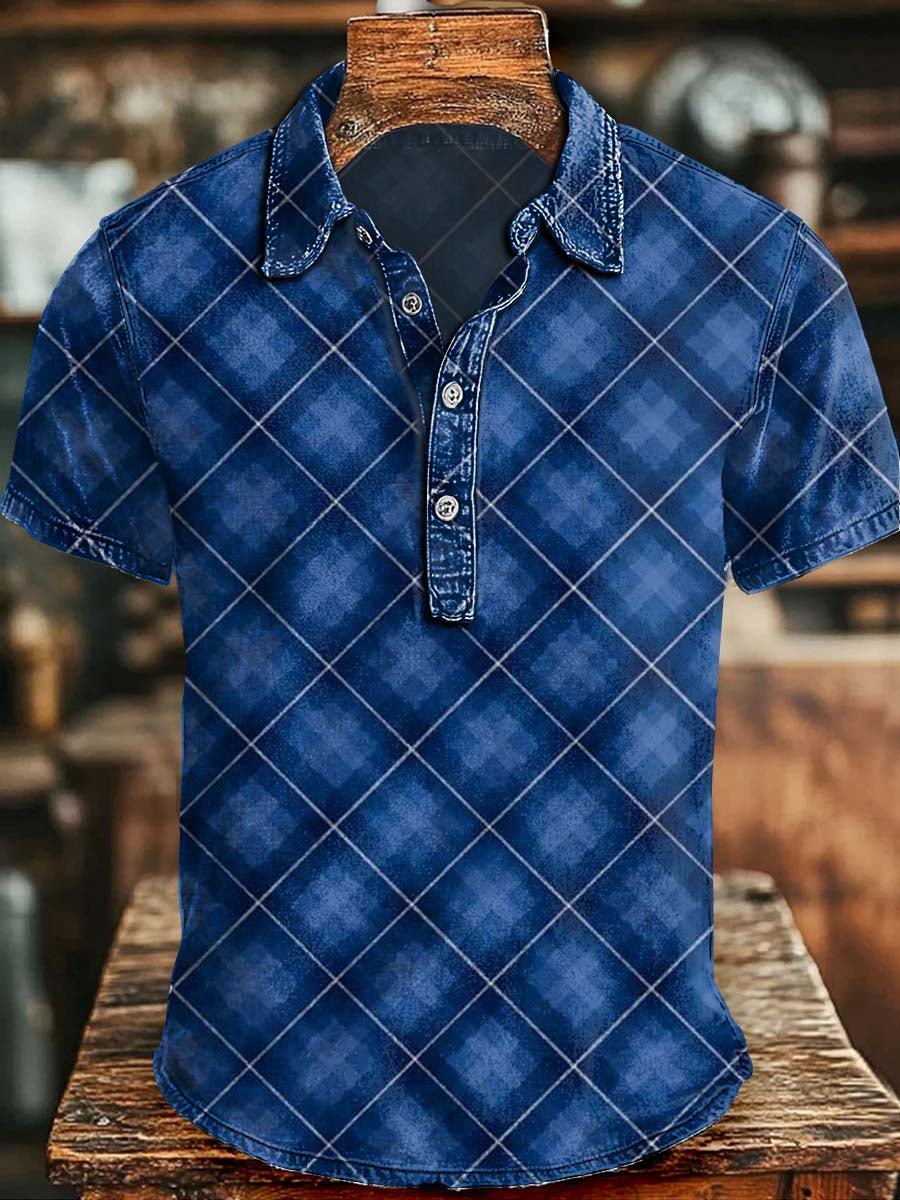 Denim Argyle Print Casual Short-Sleeved Polo Shirt