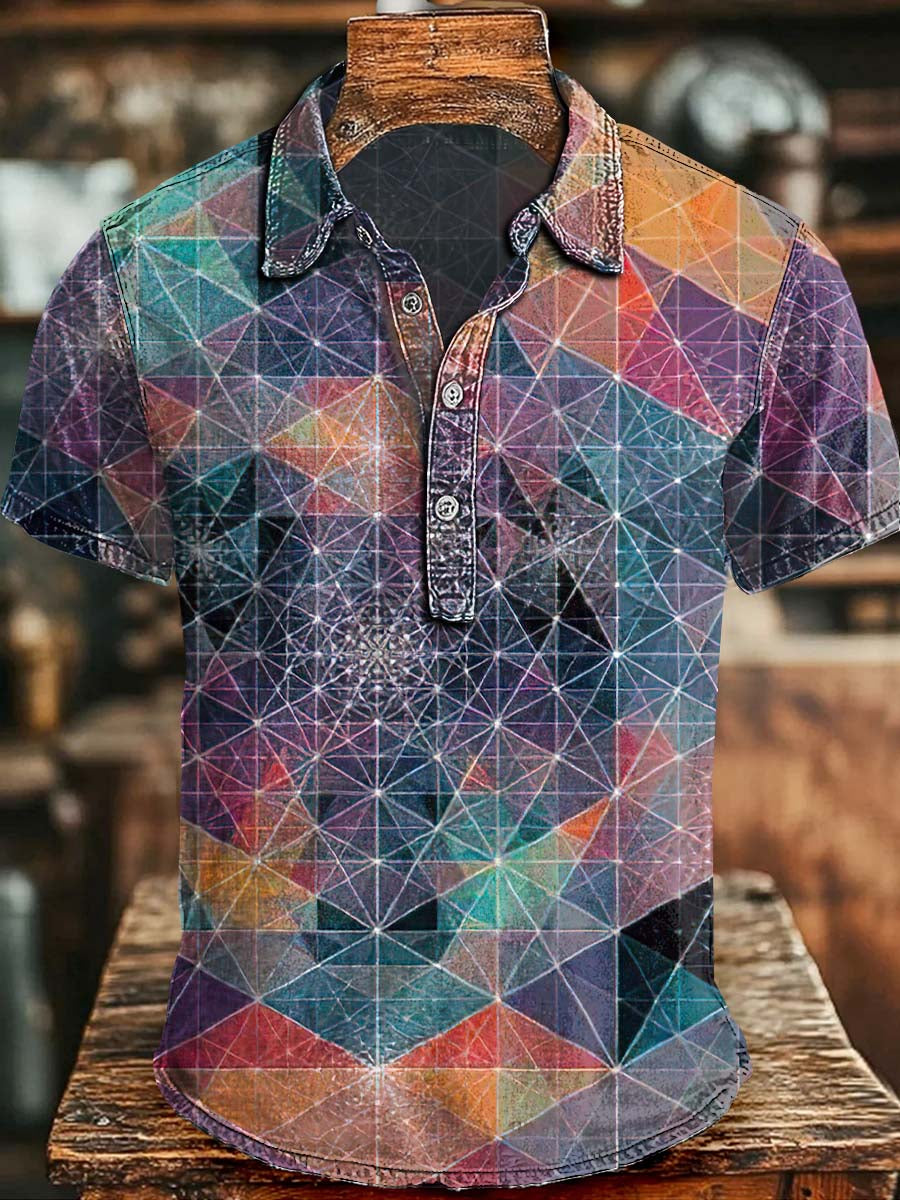 Sacred Geometry Print Casual Short-Sleeve Polo Shirt