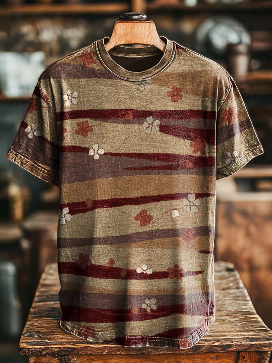 Retro Floral Striped Print Casual Short-Sleeved T-Shirt