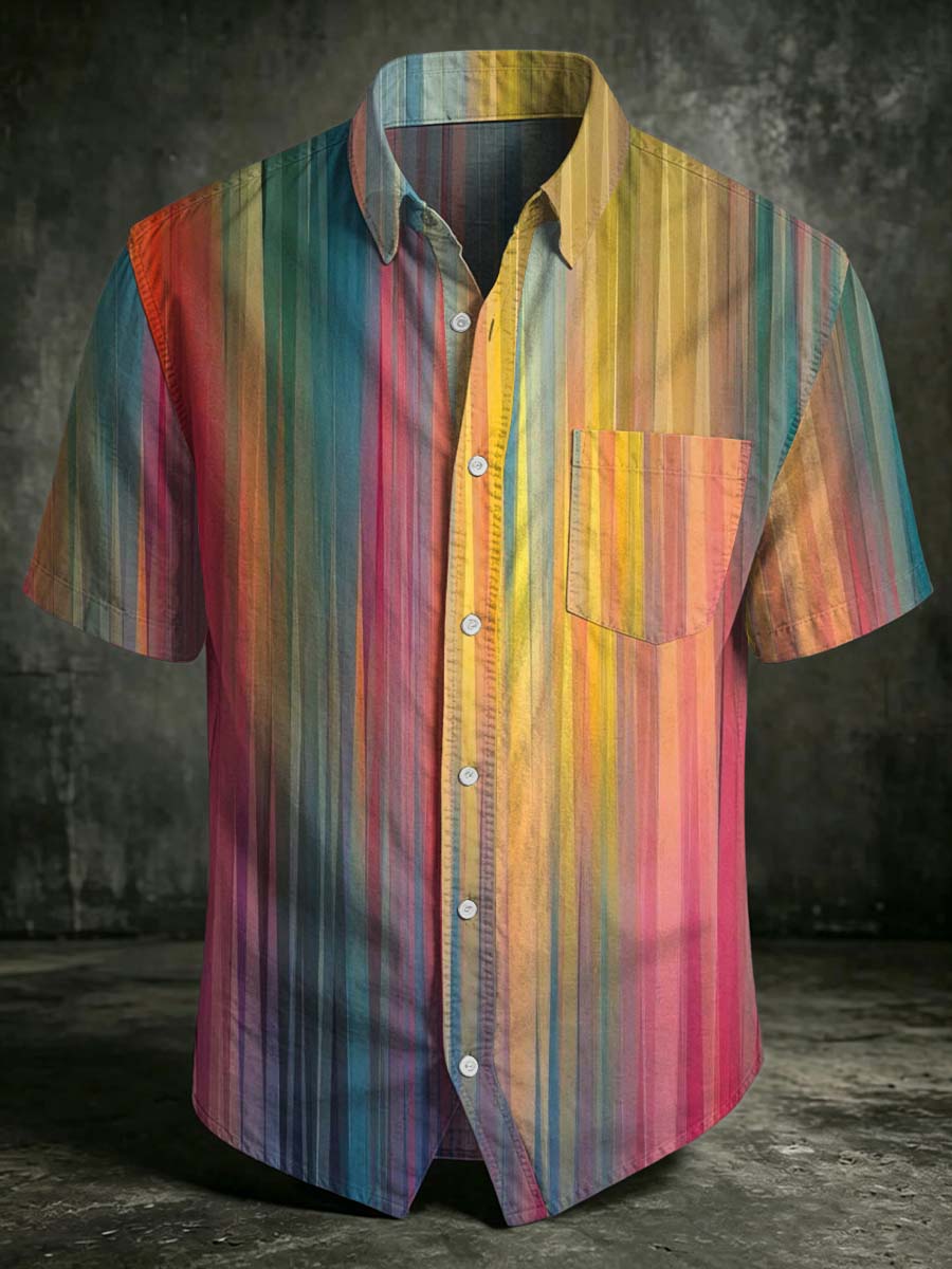 Rainbow Gradient Striped Print Casual Short-Sleeved Shirt