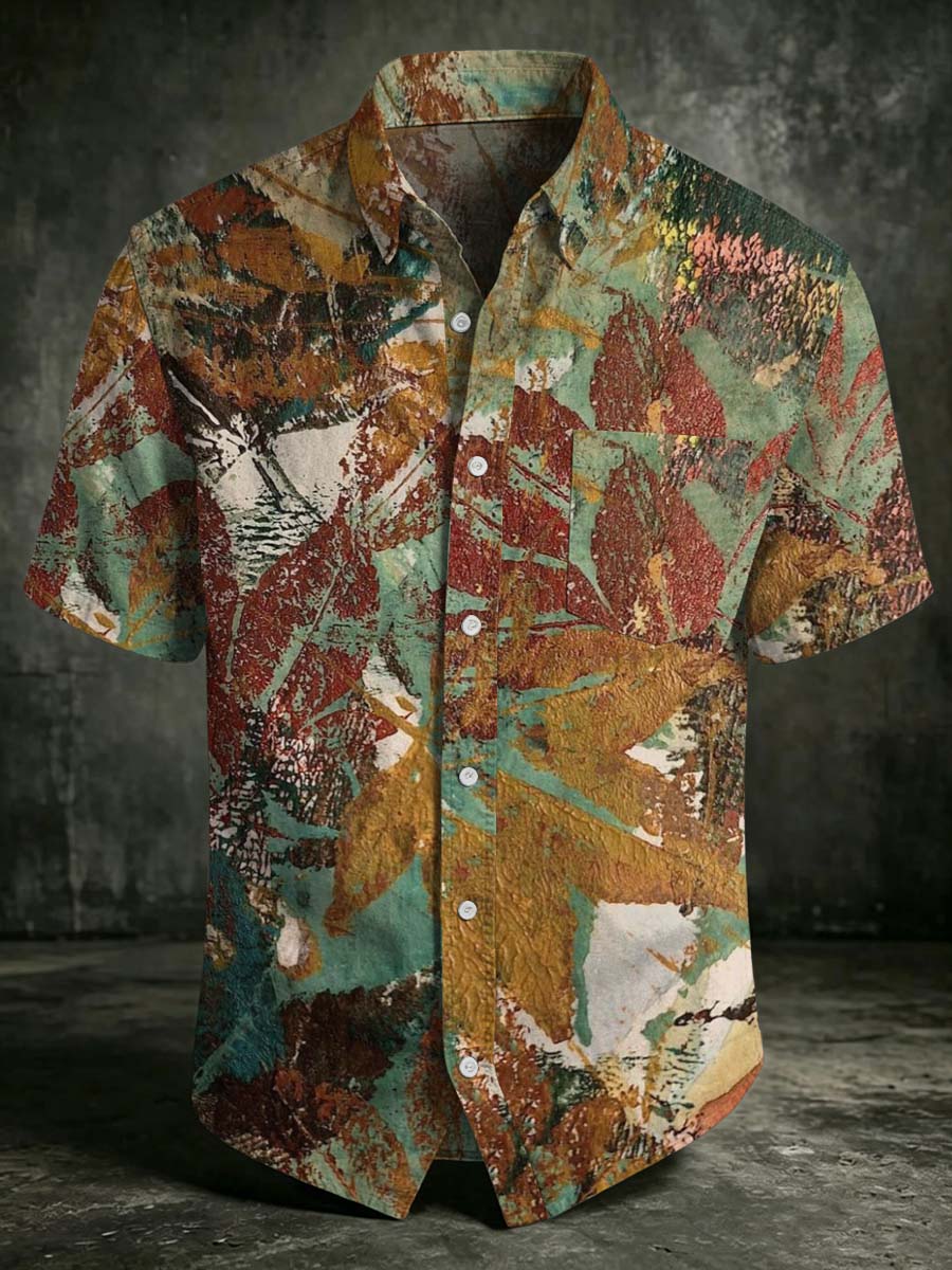 Vintage Distressed Leaf Print Casual Short-Sleeved Shirt