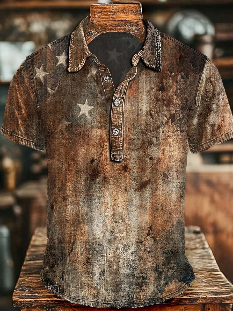 Distressed Star Print Casual Short-Sleeved Polo Shirt