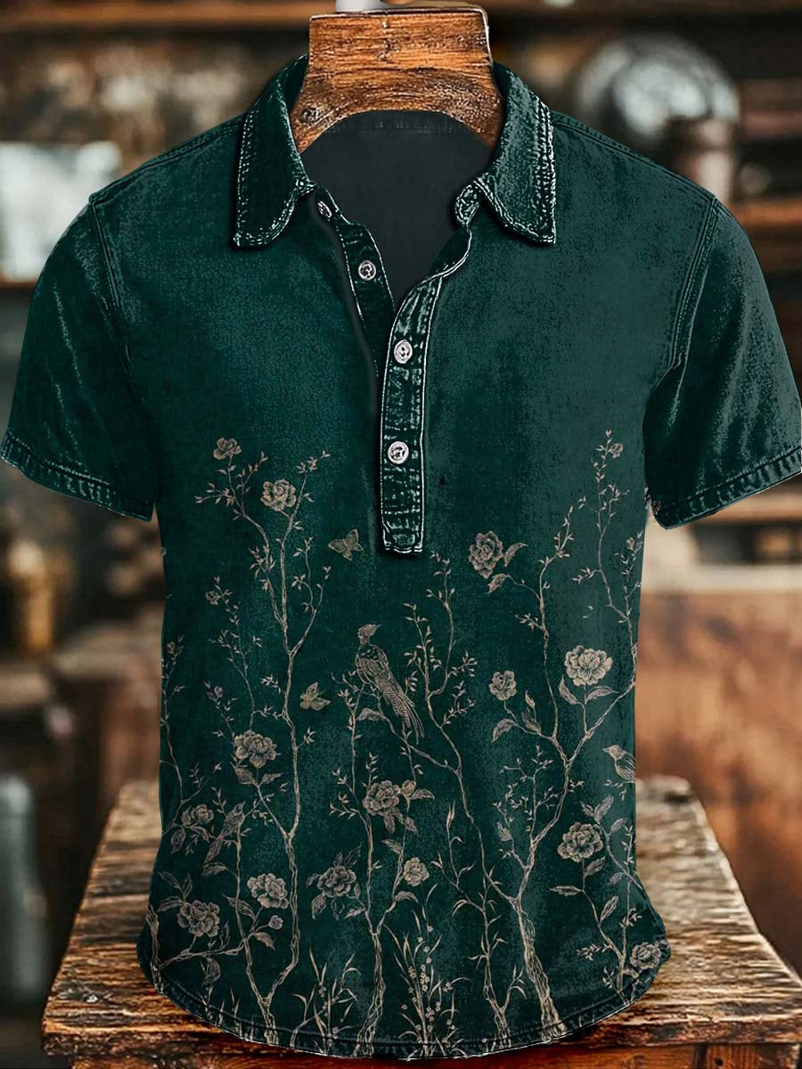Retro Floral Print Casual Short-Sleeved Polo Shirt