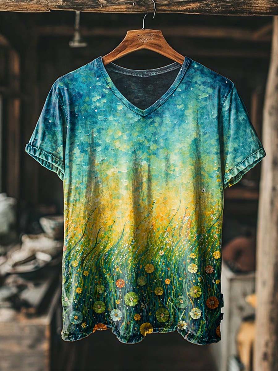 Gradient Floral Print Casual Short-Sleeved V-Neck T-Shirt