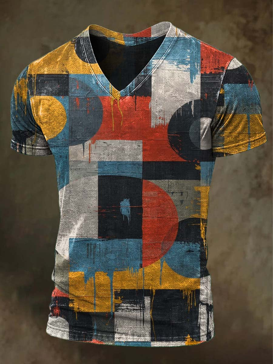 Geometric Oil Painting-Style Print Casual Short-Sleeve V-Neck T-Shirt