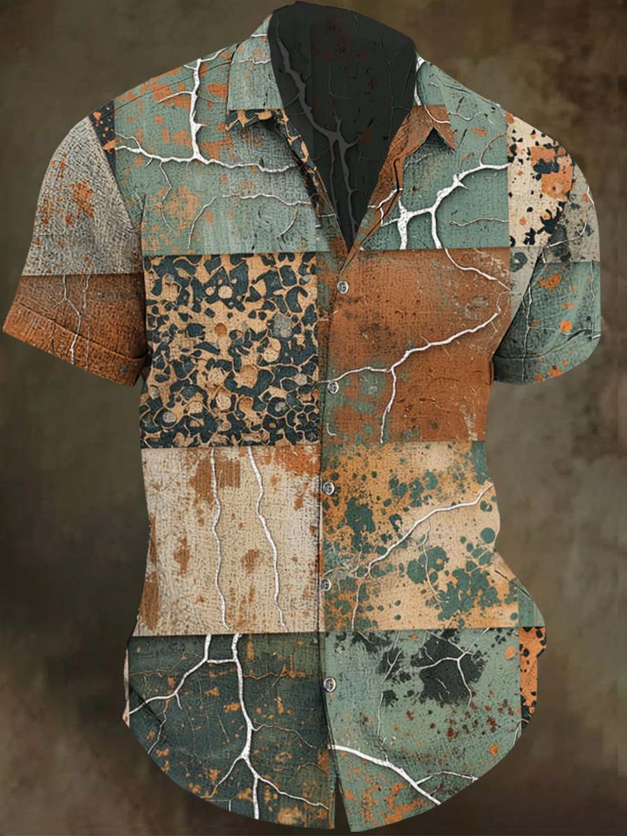 Retro Distressed Crackle-Effect Print Casual Short-Sleeve Shirt