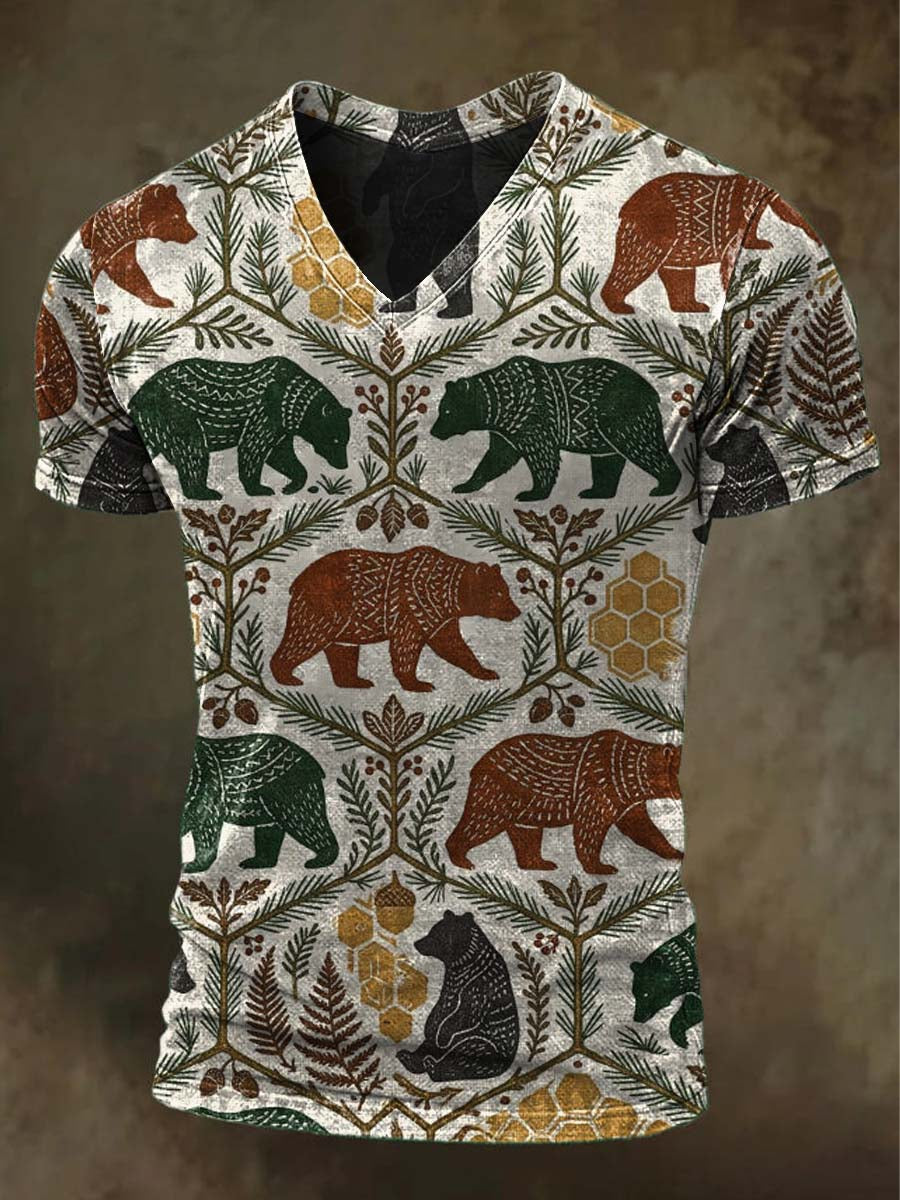 Nordic Forest Bear Print Casual Short-Sleeve V-Neck T-Shirt