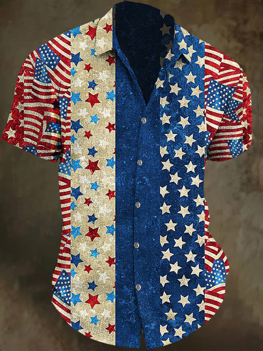 American Star-and-Stripe Patchwork Printed Casual Short-Sleeve Shirt