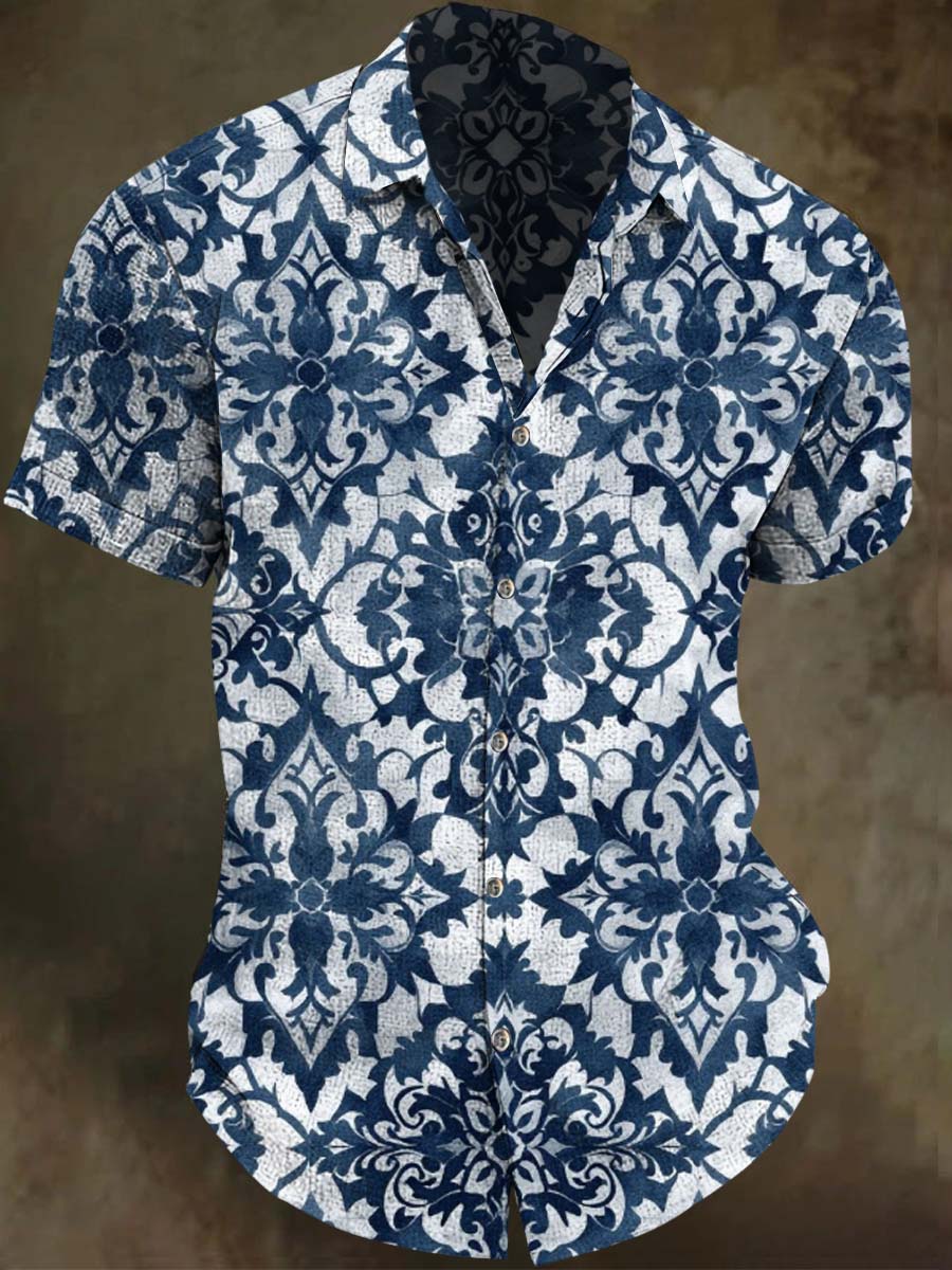 European-Style Damask Print Casual Short-Sleeve Shirt