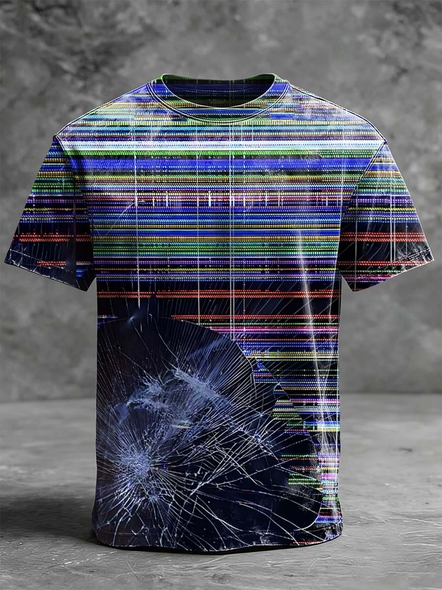 Glitch-Style Broken Screen Print Casual Short-Sleeve T-Shirt