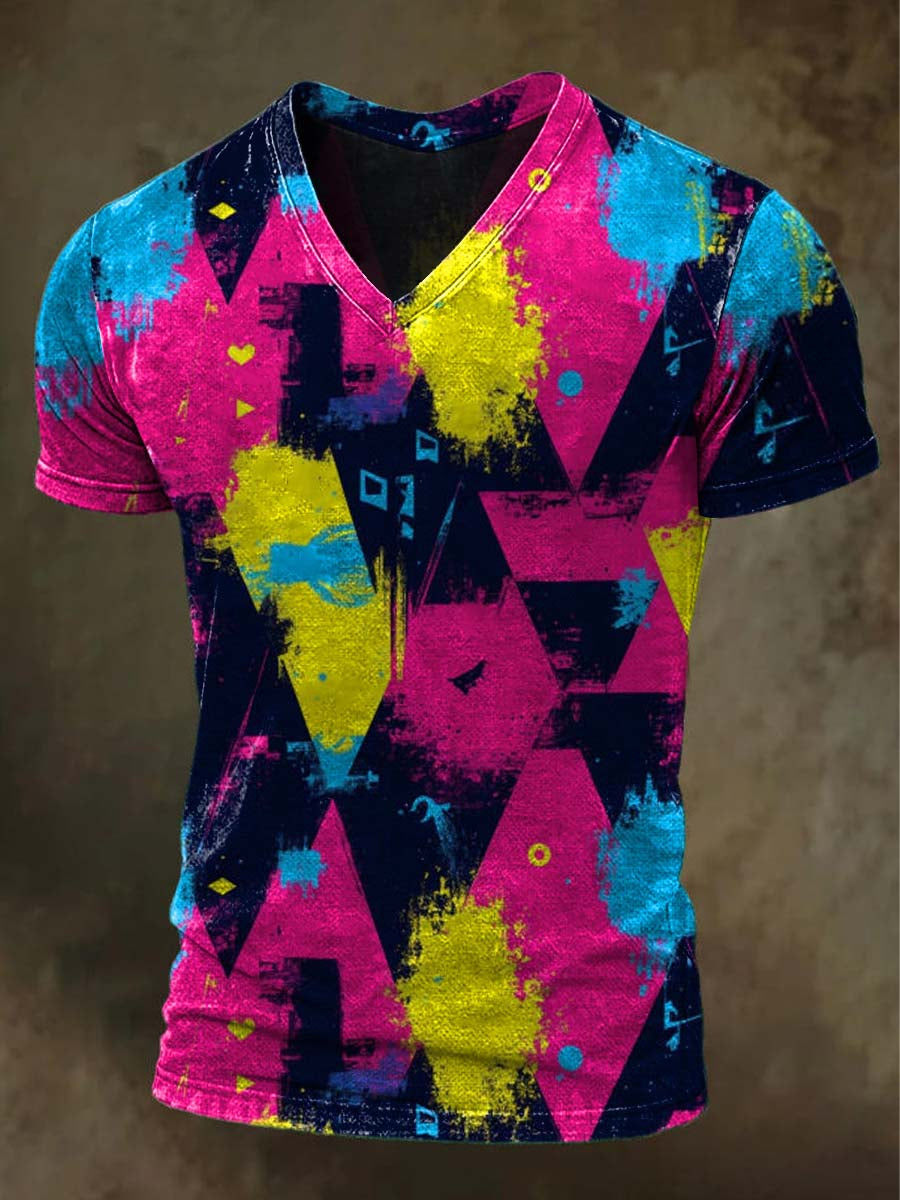 Neon Pop Graffiti Print Casual Short-Sleeve V-Neck T-Shirt