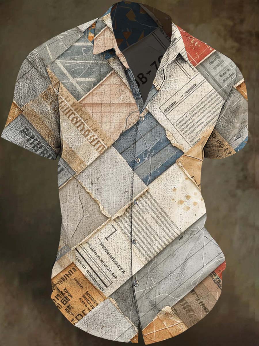 Distressed Newspaper Collage Print Casual Short-Sleeve Shirt