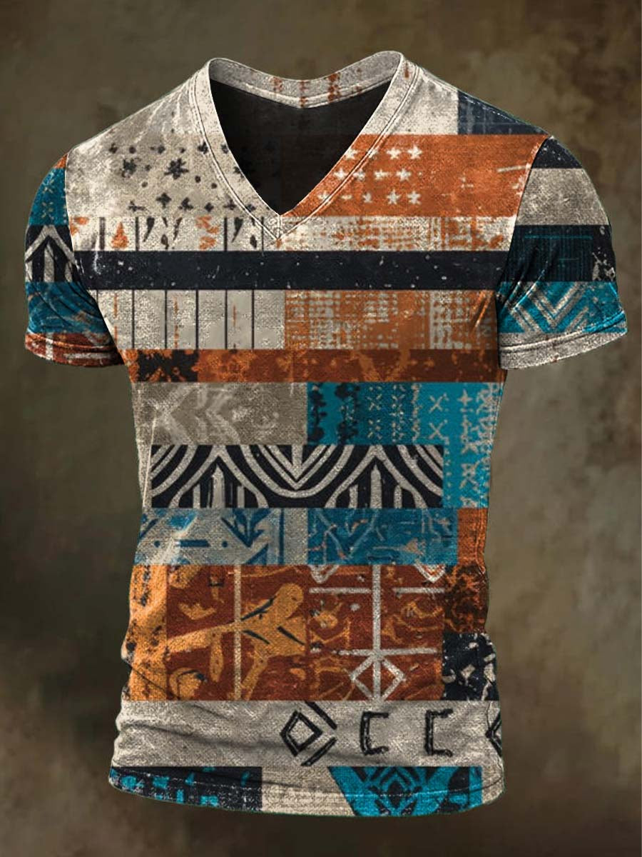 Navajo Patchwork Print Casual Short-Sleeve V-Neck T-Shirt