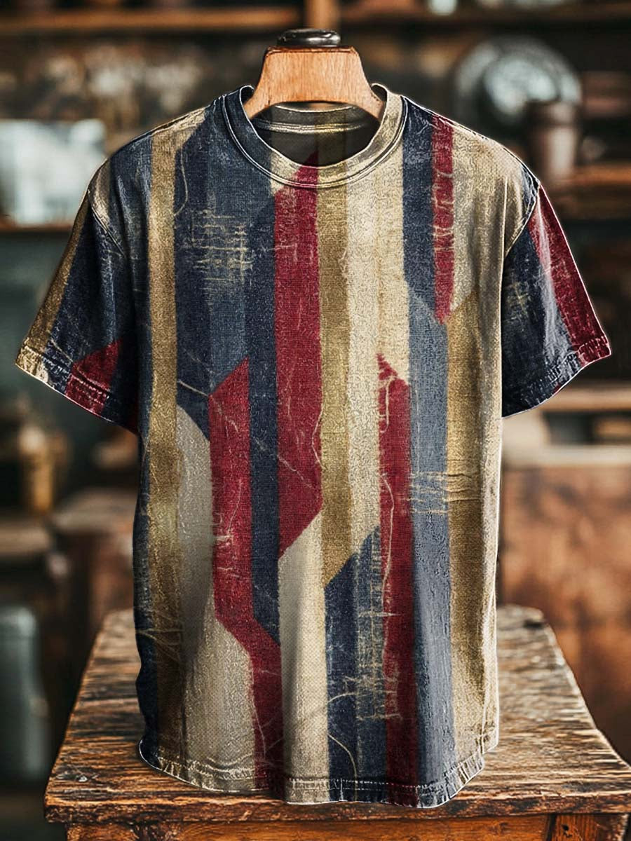 Retro Diagonal Stripe Print Casual Short-Sleeve T-Shirt