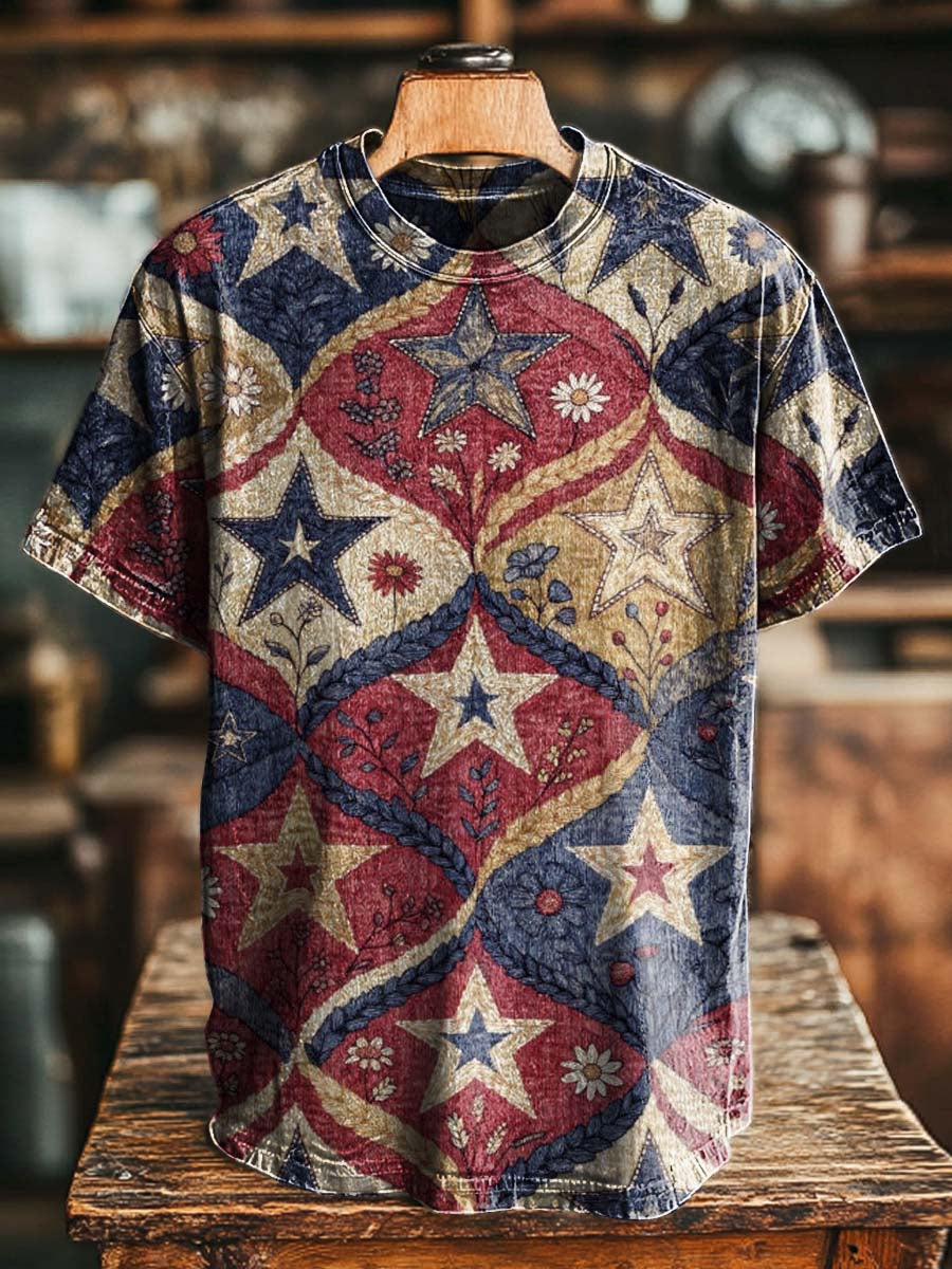 Ethnic Floral & Stars Print Casual Short-Sleeve T-Shirt