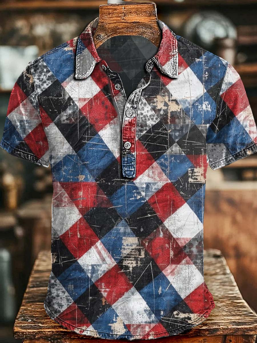 Distressed Plaid Print Casual Short-Sleeve Polo Shirt