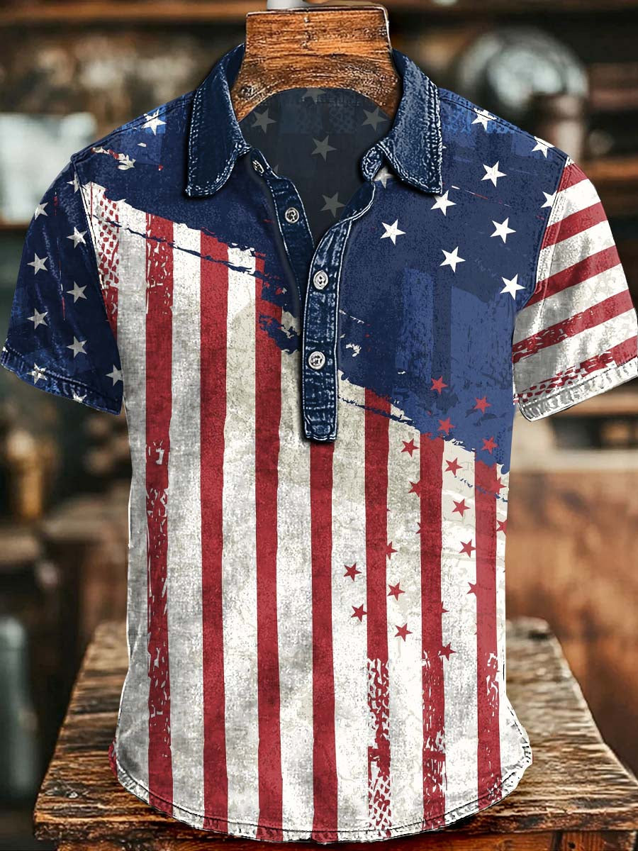 Independence Day Brushstroke-Stripe Print Casual Short-Sleeve Polo Shirt