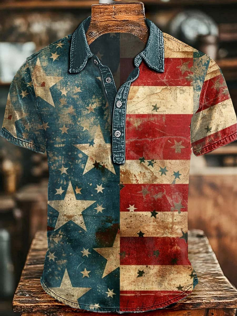 Independence Day Distressed Flag Print Casual Short-Sleeve Polo Shirt
