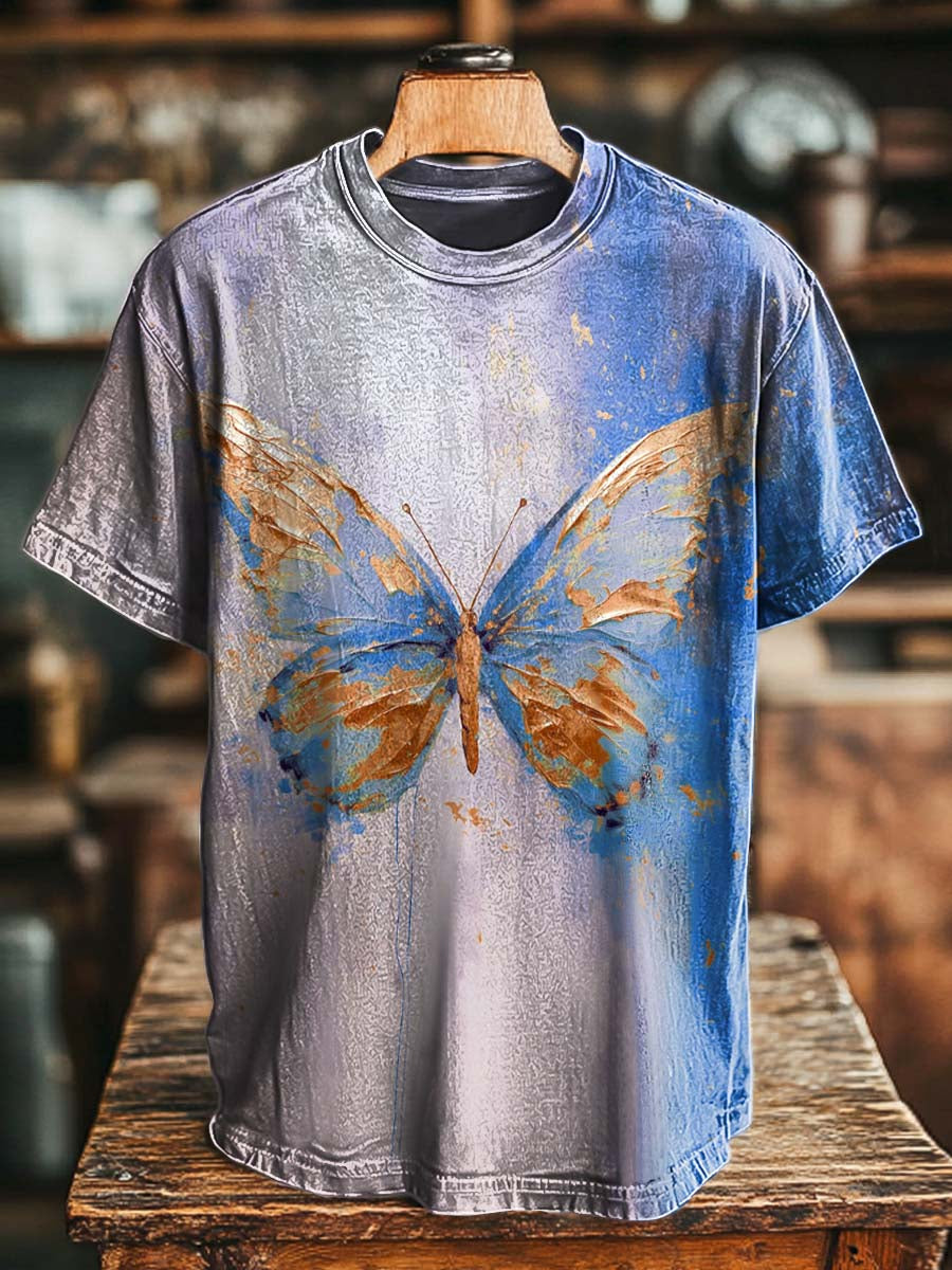 Gold Foil Butterfly Print Casual Short-Sleeve T-Shirt
