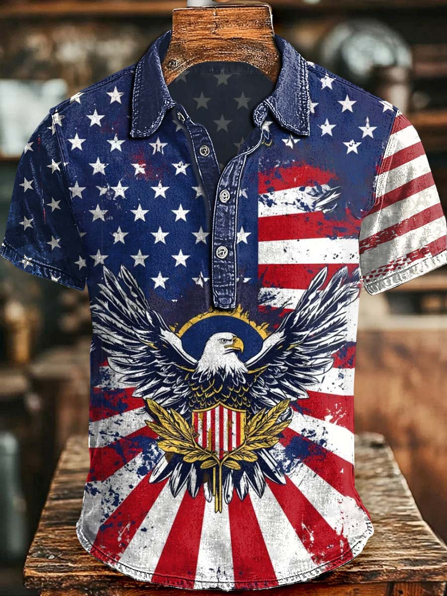 Independence Day Eagle & Stars-and-Stripes Print Casual Short-Sleeve Polo Shirt