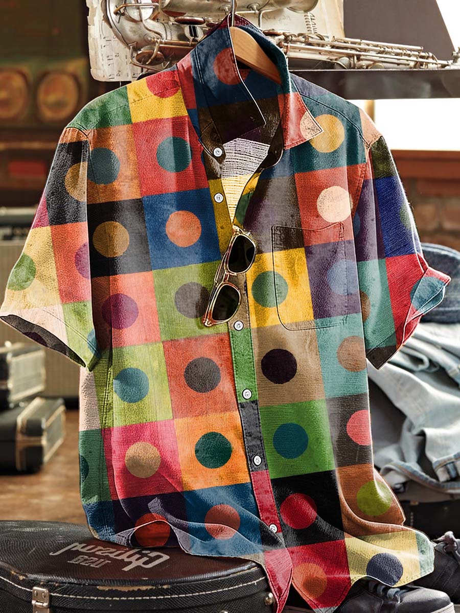Colorful Polka Dot & Plaid Patchwork Printed Casual Short-Sleeve Shirt