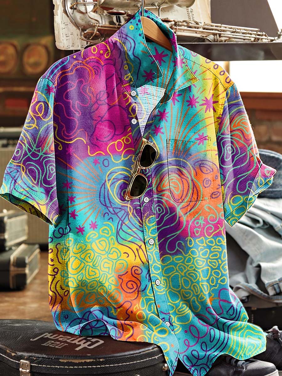 Psychedelic Graffiti-Print Casual Short-Sleeve Shirt