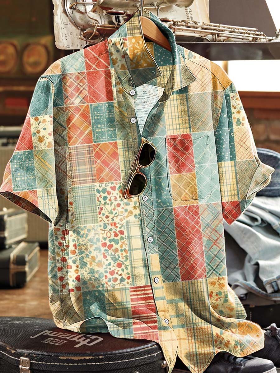 Patchwork Plaid Printed Casual Short-Sleeve Shirt