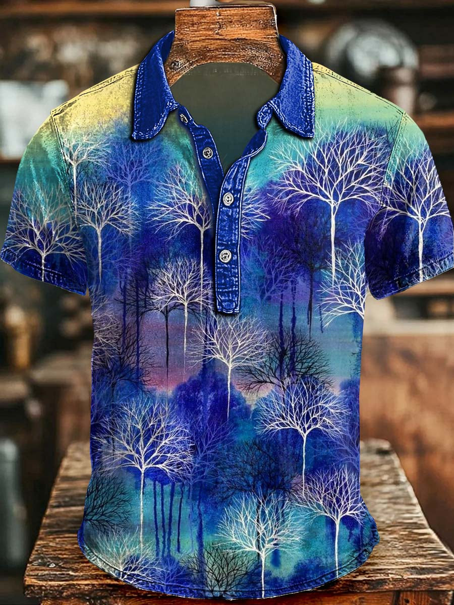 Watercolor Forest Silhouette Print Casual Short-Sleeve Polo Shirt