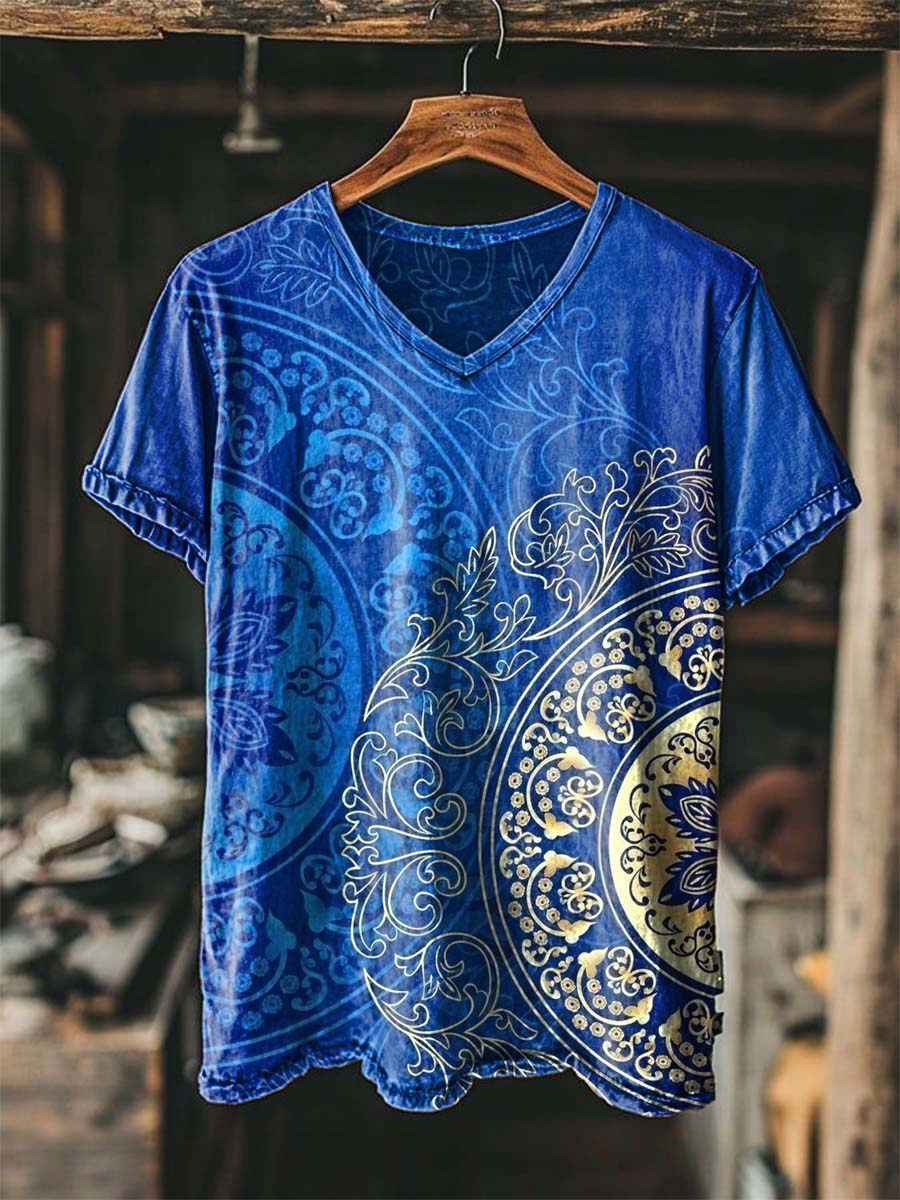 Retro Mandala Floral Print Casual Short-Sleeve V-Neck T-Shirt