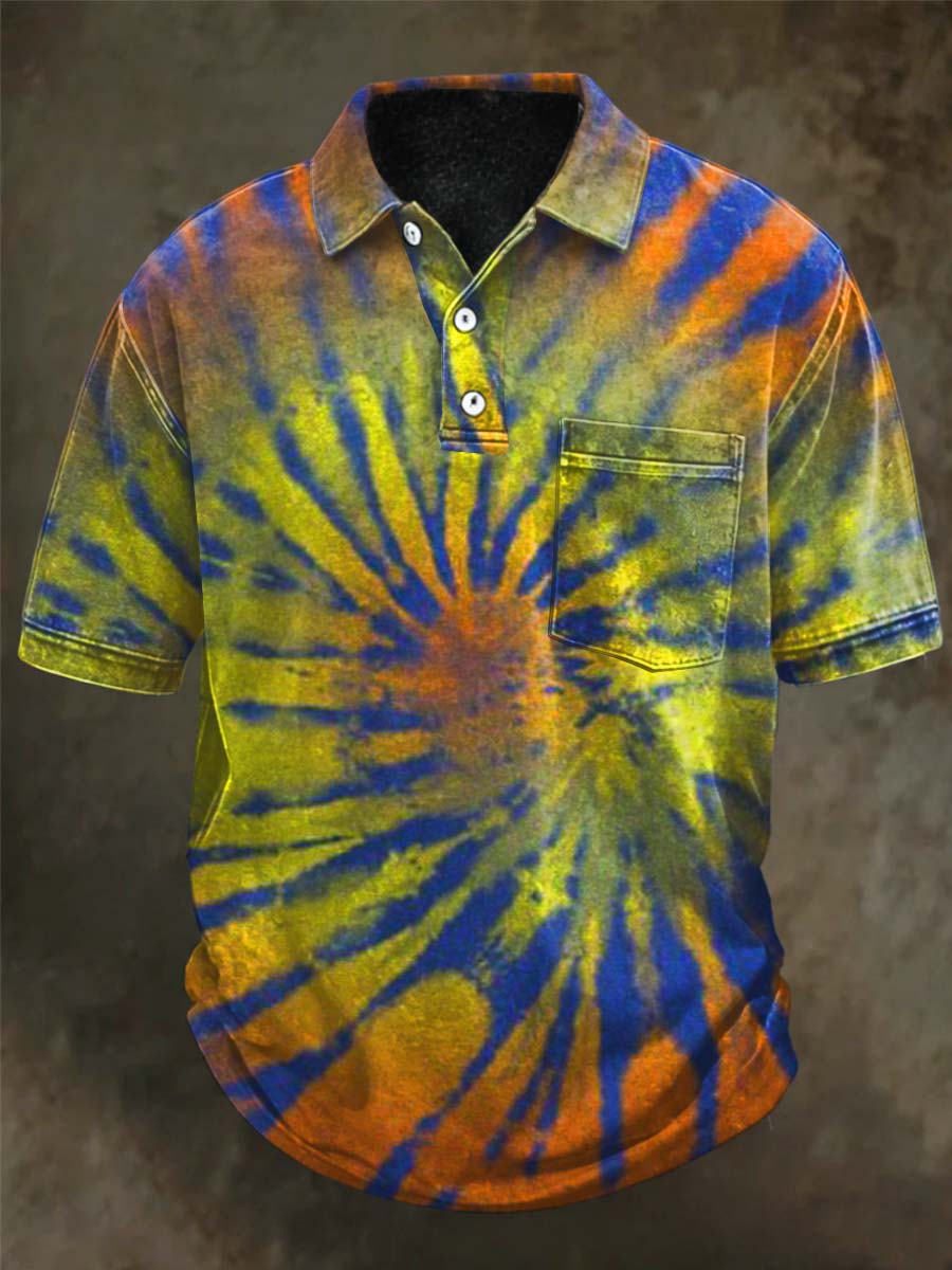 Sun Tie-Dye Print Casual Short-Sleeve Polo Shirt