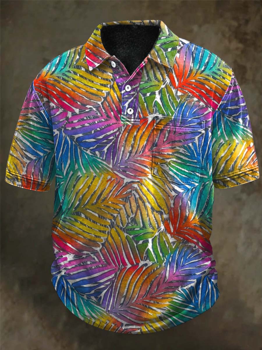 Rainbow Palm Leaf Print Casual Short-Sleeve Polo Shirt