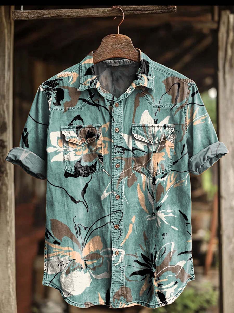 Abstract Floral Print Casual Short-Sleeve Shirt