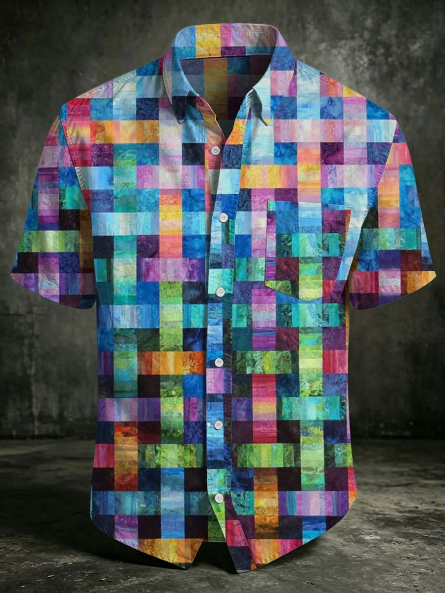 Rainbow Patchwork Printed Casual Short-Sleeved Shirt