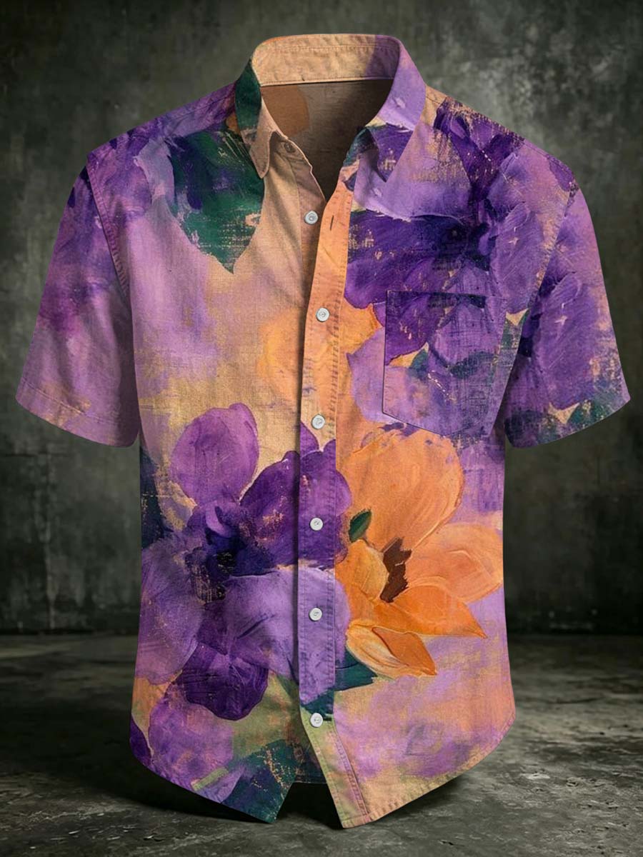 Oil Painting Floral Print Casual Short-Sleeved Shirt