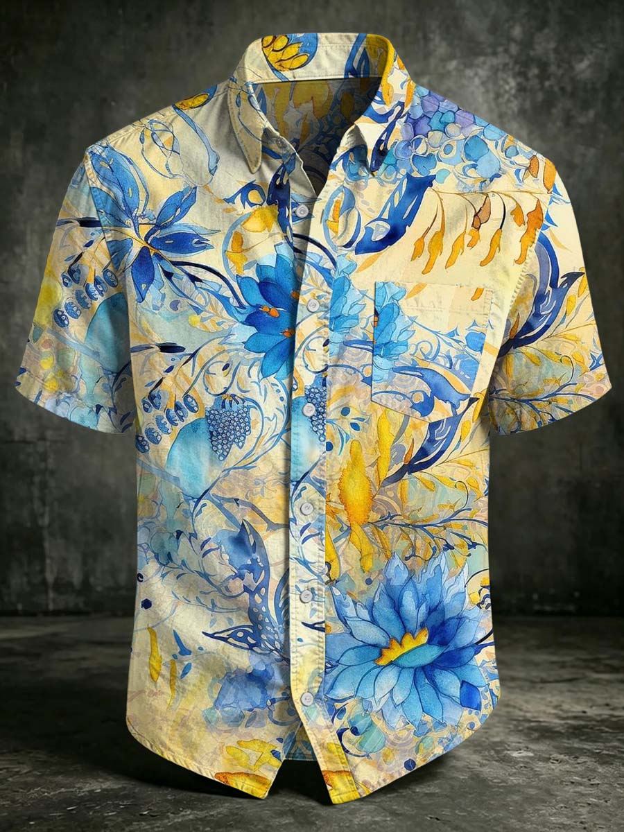 Watercolor Blue Floral Print Casual Short-Sleeve Shirt