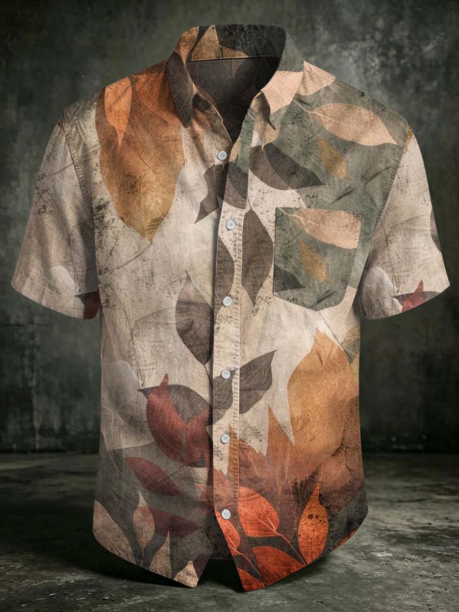 Retro Leaf Print Casual Short-Sleeved Shirt