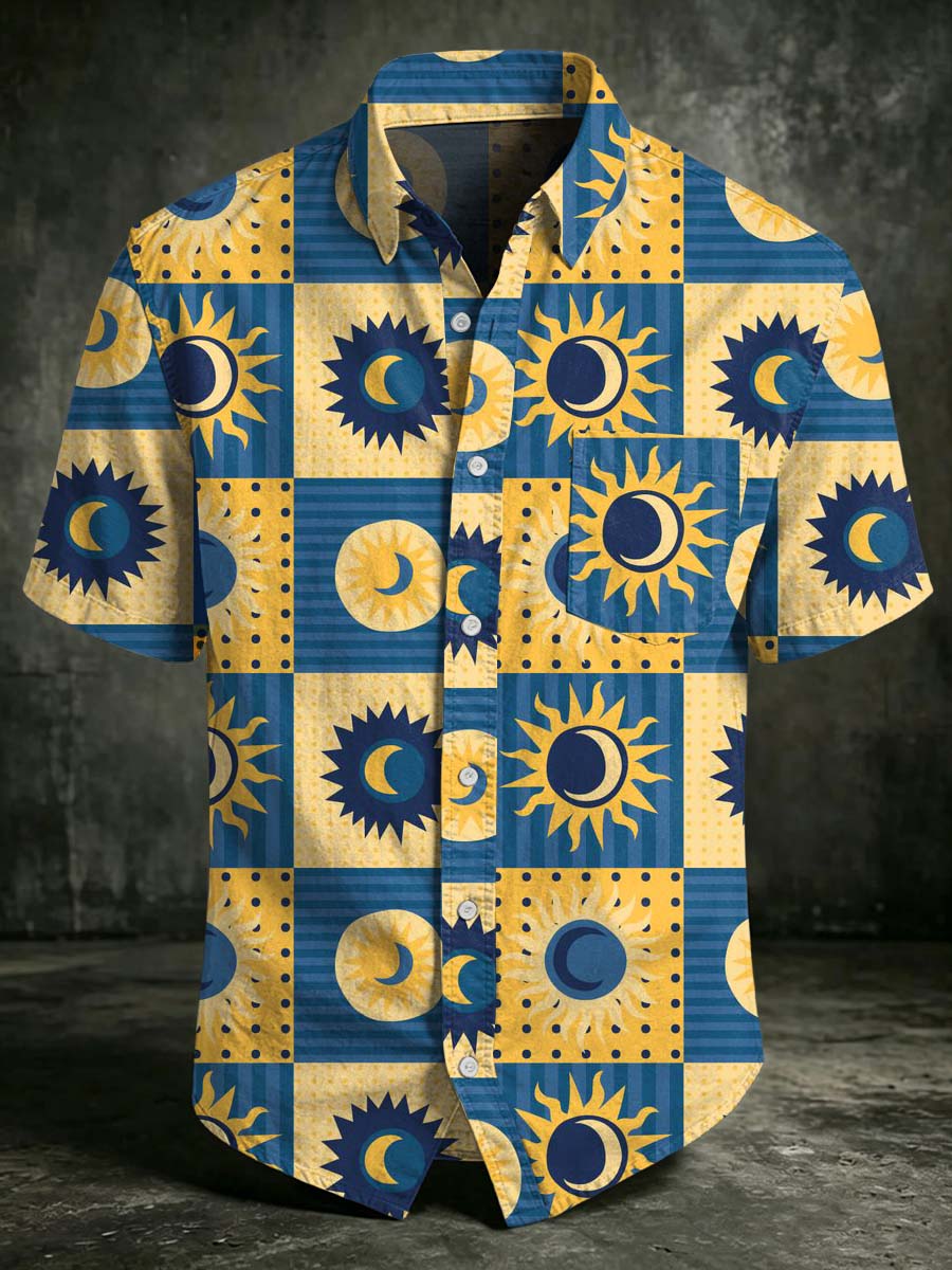 Sun and Moon Checkerboard Print Casual Short-Sleeve Shirt