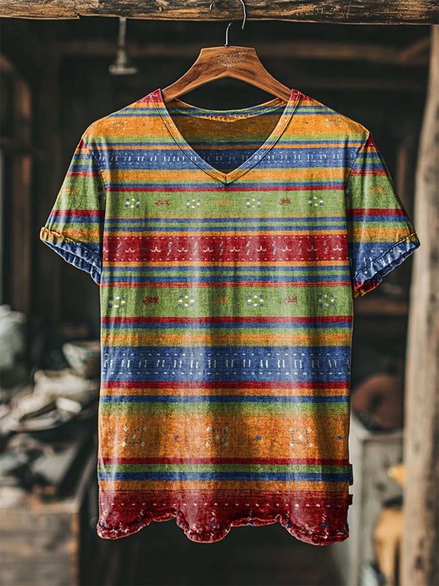 Retro Ethnic Striped Print Casual Short-Sleeved V-Neck T-Shirt