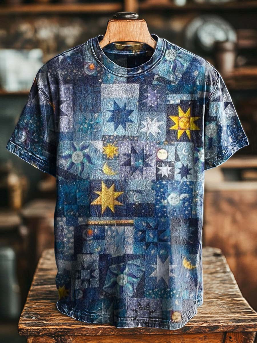 Starry Sky Appliqué Patchwork Print Casual Short-Sleeve T-Shirt