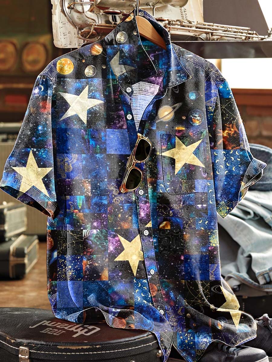 Starry Sky Patchwork Print Casual Short-Sleeve Shirt