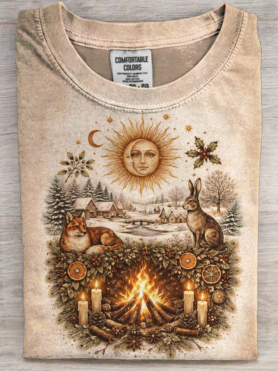 Nordic Forest Campfire Illustration Print Casual Short-Sleeved T-Shirt