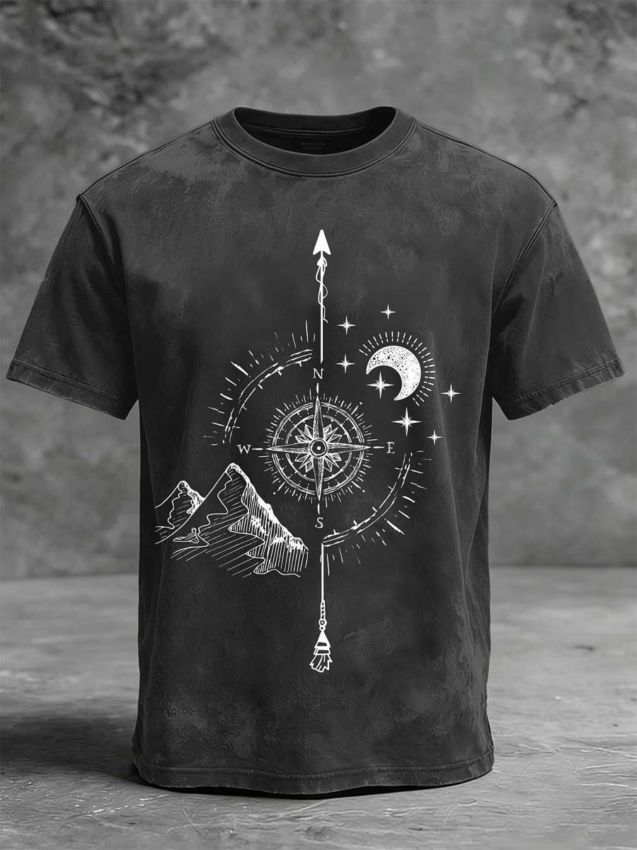 Compass Star Moon Mountain Range Printed Casual Short-Sleeve T-Shirt
