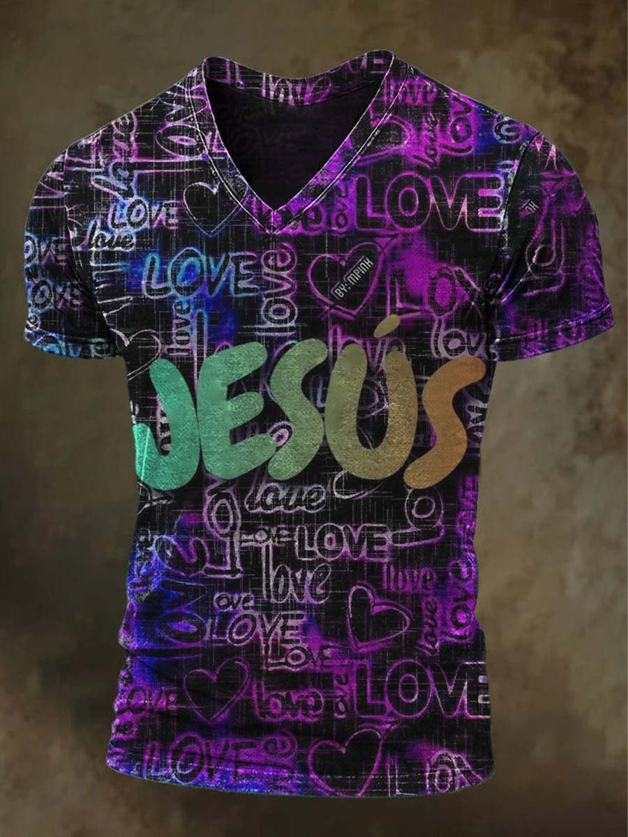 Graffiti Religious Style Printed Casual Short-Sleeve T-Shirt
