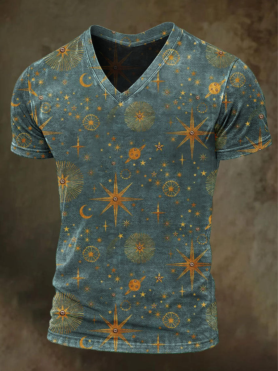 Retro Cosmic Starry Sky Print Casual Short-Sleeve T-Shirt