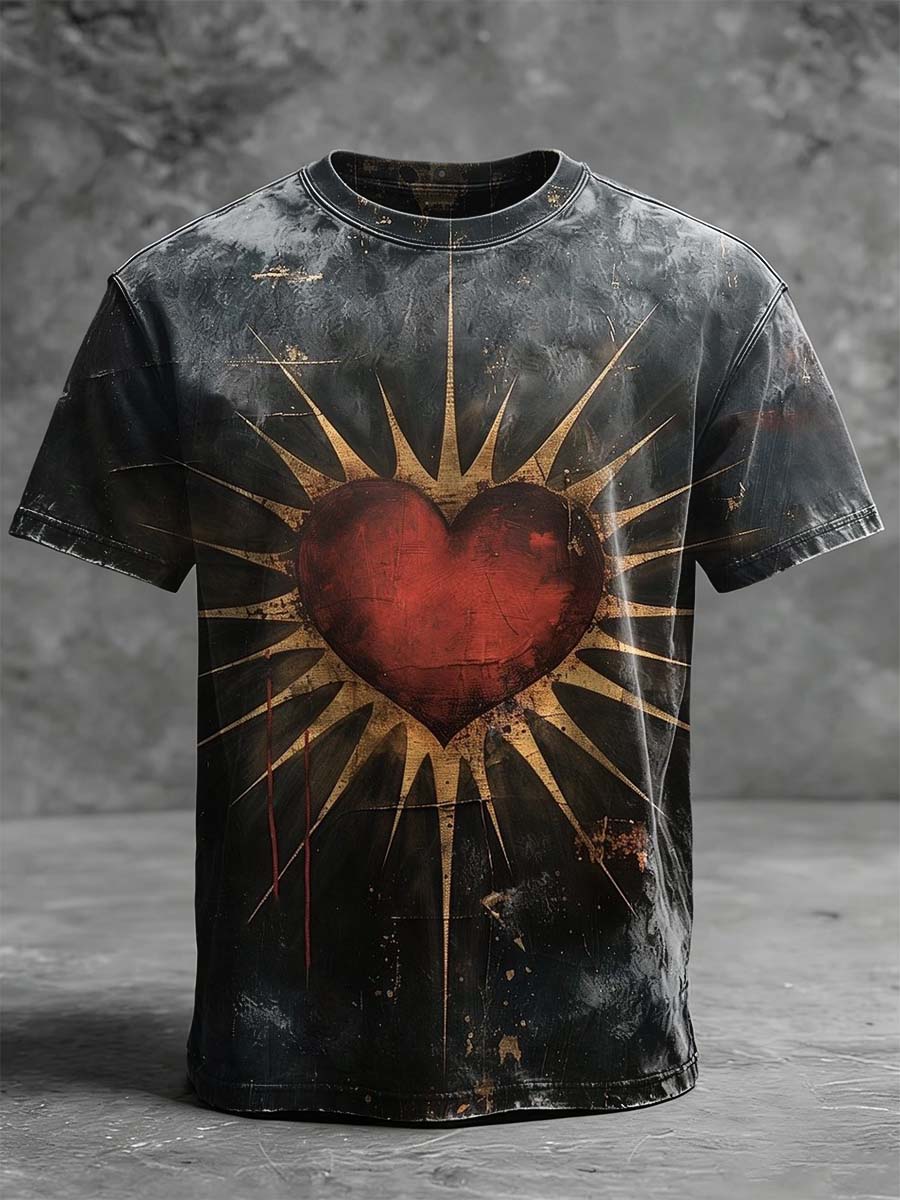 Retro Sacred Heart Print Casual Short-Sleeve T-Shirt